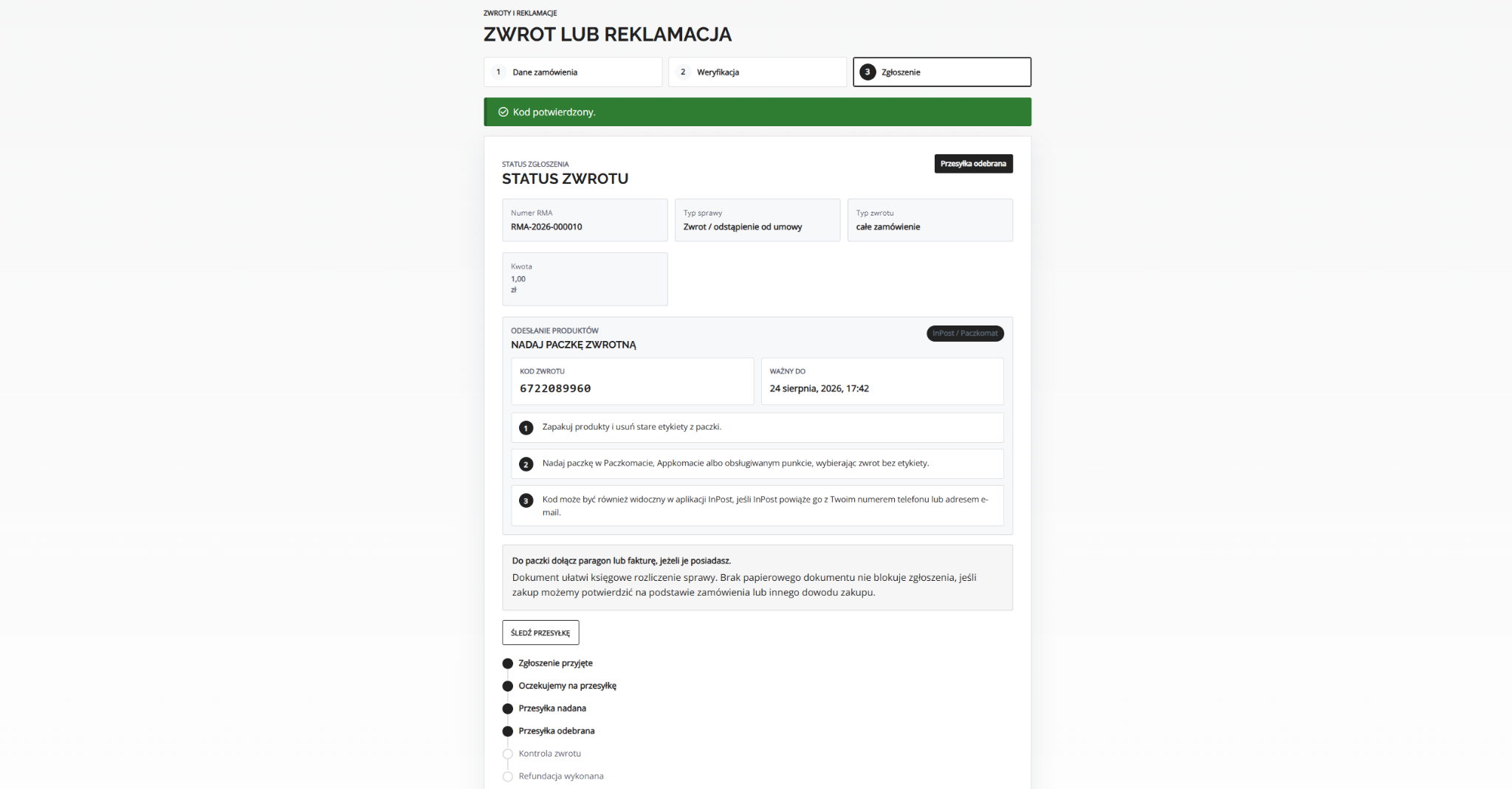 Widok panelu klienta Easy Returns Pro ze statusem zwrotu i instrukcją nadania paczki